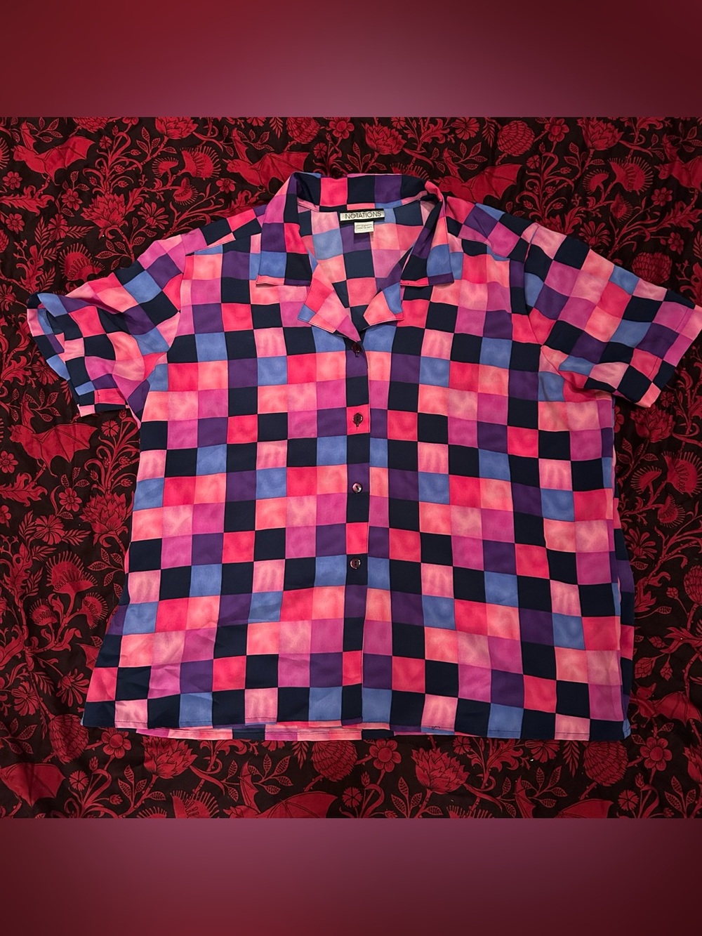 Vintage 80s Notations pink & purple checkered short sleeve button up shirt